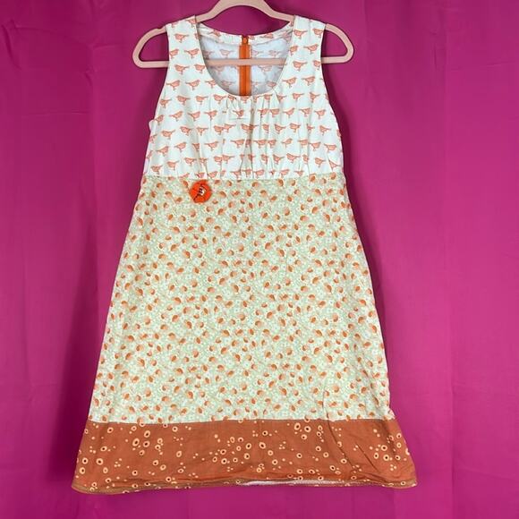 Unbranded orange and cream bird and floral print empire waist midi dress, XS - Picture 1 of 7